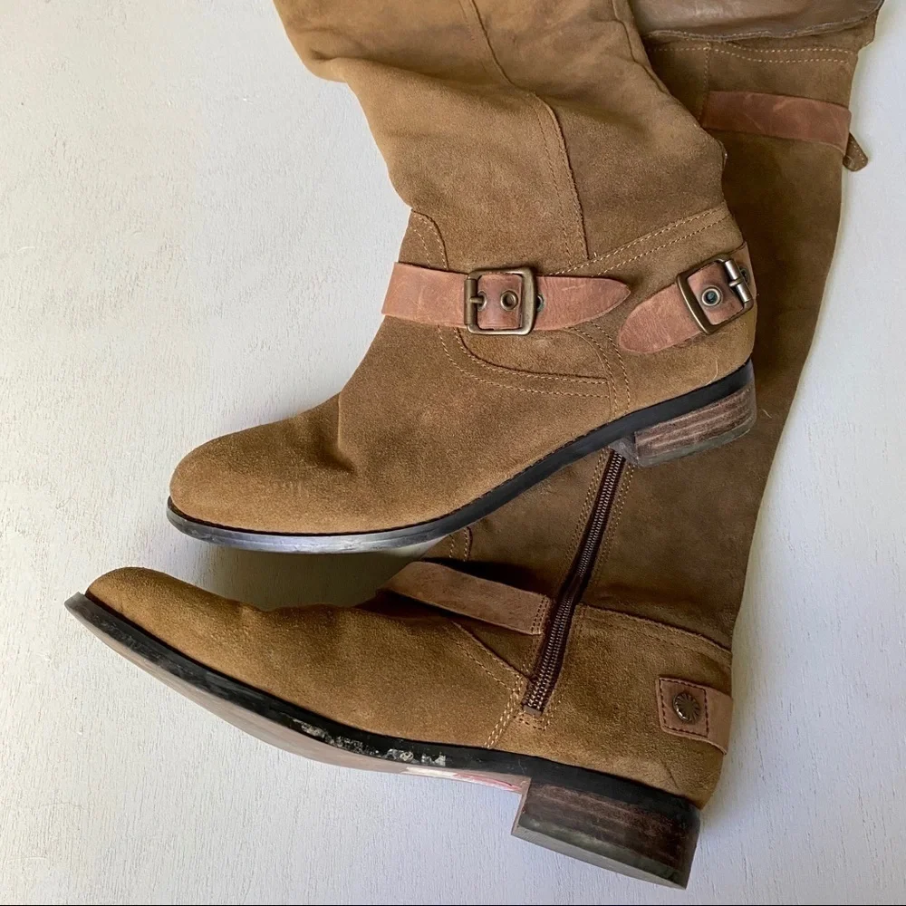 GUESS Brown Green Over the Knee Suede Boots | Equestrian Style | Buckle Details